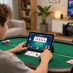 LU88 player enjoying online poker with tablet at home, showcasing engaging gameplay and strategic focus.