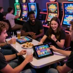 Friends enjoying MM88 online casino games in a lively gaming setting with snacks and drinks