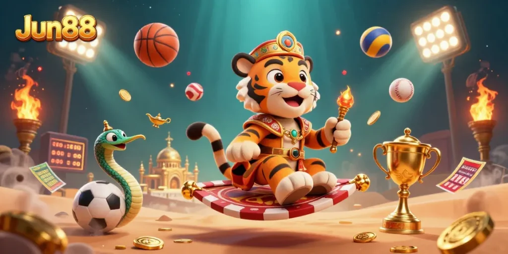 Win big at Jun88 with exciting games and vibrant casino elements in a captivating 3D scene.
