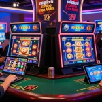 Scene di gioco entusiasmanti che evidenziano i migliori casinò non AAMS con giocatori impegnati in giochi di casinò online su laptop e tablet in un'atmosfera digitale vibrante.