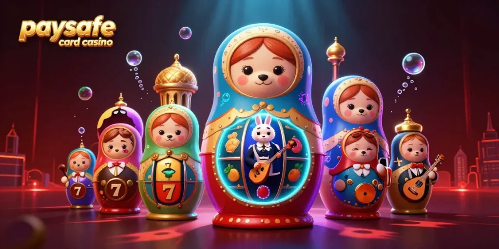 Erleben Sie aufregendes Gameplay im Paysafe Card Casino mit lebhaften Szenen, die einen Matroschka-Bären und Casino-Elemente zeigen.