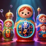 Erleben Sie aufregendes Gameplay im Paysafe Card Casino mit lebhaften Szenen, die einen Matroschka-Bären und Casino-Elemente zeigen.