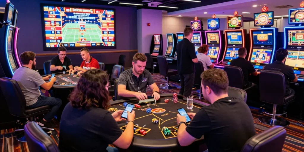 Engagierte Spieler in einem Paysafe Card Casino genießen interaktive Spiele und eine lebendige Atmosphäre