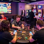 Engagierte Spieler in einem Paysafe Card Casino genießen interaktive Spiele und eine lebendige Atmosphäre