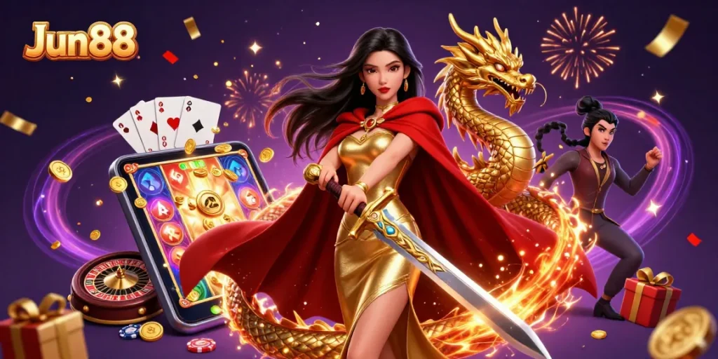 Engage with exciting slot games on the Jun88 platform showcased through a vibrant 3D illustration.