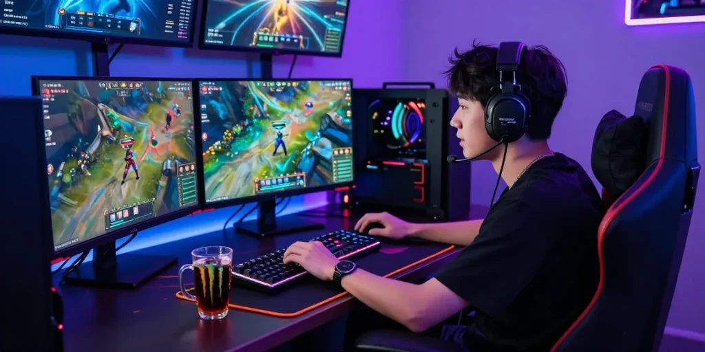Exciting online gaming experience with player focused on multiple screens showcasing games and vibrant graphics, featuring Rr8i peripherals in a dynamic environment.