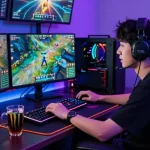 Exciting online gaming experience with player focused on multiple screens showcasing games and vibrant graphics, featuring Rr8i peripherals in a dynamic environment.