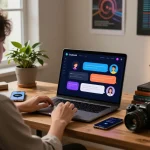 User interacting with CrushonAI's chat interface in a cozy home office setting, showcasing vibrant avatars and a creative workspace.
