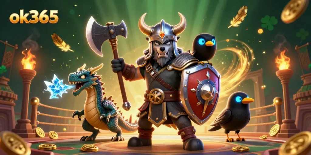 Experience thrilling moments at ok365 with this vibrant 3D illustration featuring iconic gambling characters and elements.