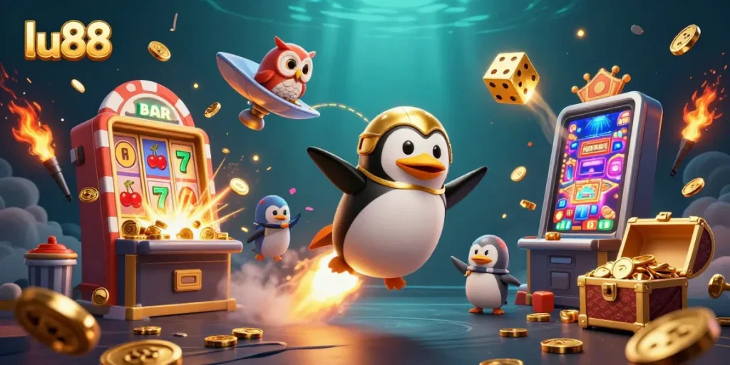 Experience thrilling gameplay with lu88, featuring a golden penguin and jackpot symbols in cosmic casino action.