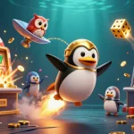 Experience thrilling gameplay with lu88, featuring a golden penguin and jackpot symbols in cosmic casino action.