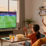 Enjoying the best IPTV Quebec experience with family, watching sports in a lively living room.