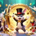 Experience excitement with 99win as a magician rabbit casts golden coins, surrounded by dynamic casino elements.