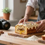 Delicious cinnamon roll cake Calgary with creamy icing and festive sprinkles, showcasing bakery charm.