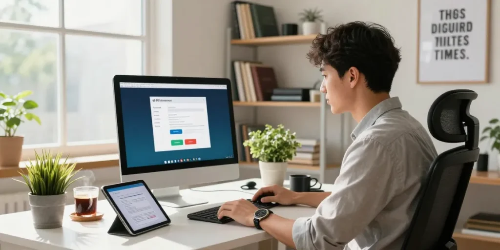 Bright modern home office with WPS Download on desktop computer, showcasing productivity and comfort.