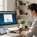Bright modern home office with WPS Download on desktop computer, showcasing productivity and comfort.