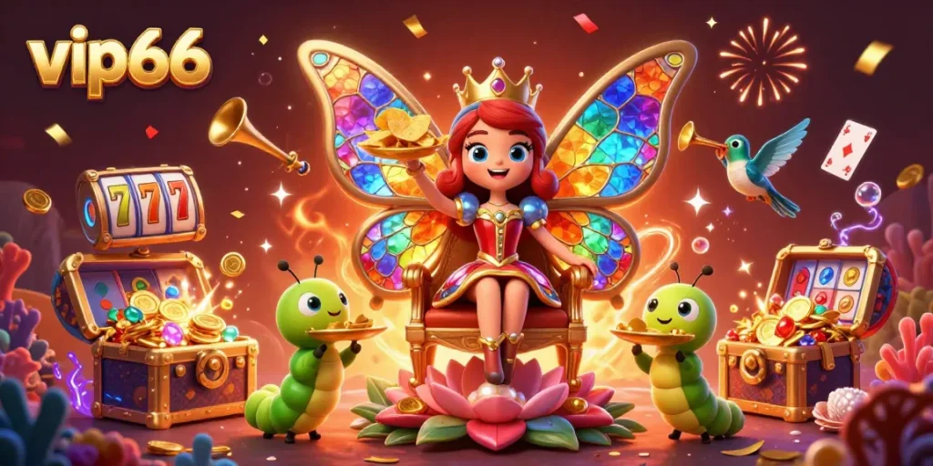 Experience thrilling gameplay at vip66 with a vivid illustration of a butterfly queen surrounded by slot game elements.