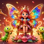 Experience thrilling gameplay at vip66 with a vivid illustration of a butterfly queen surrounded by slot game elements.