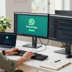 Developer using WhatsApp網頁版 on dual monitors in a modern workspace.