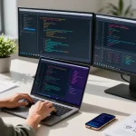 快连 development workspace with a developer coding and vibrant visual elements, showcasing a productive tech environment.