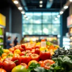 Showcase of grocery sales with fresh produce and organized aisles in a lively supermarket.