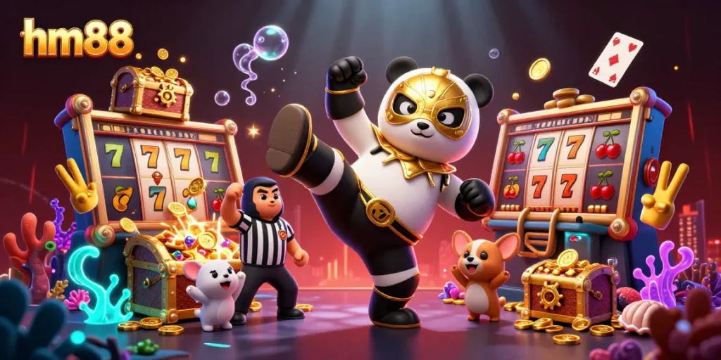 Engage with the dynamic hm88 casino experience featuring a wrestler panda amidst golden slot reels.