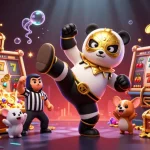 Engage with the dynamic hm88 casino experience featuring a wrestler panda amidst golden slot reels.