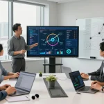Collaboration in a modern office showcasing 快连's network speed optimization solutions.