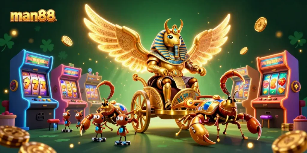 man88 engages in thrilling casino action with a golden beetle and vibrant game elements.