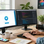 Developer focused on Telegram download setup in modern workspace