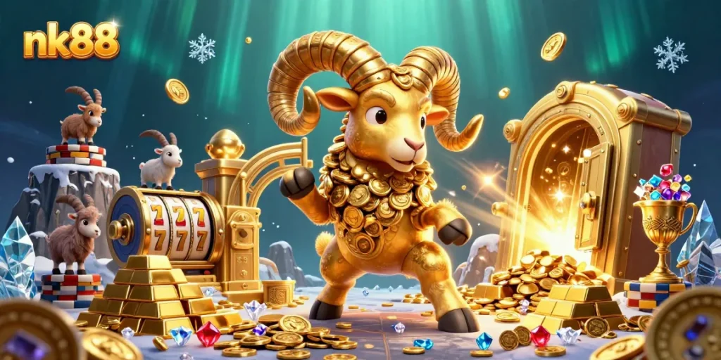 Spin the slot reels with nk88's golden ram charging through a treasure vault of jewels.