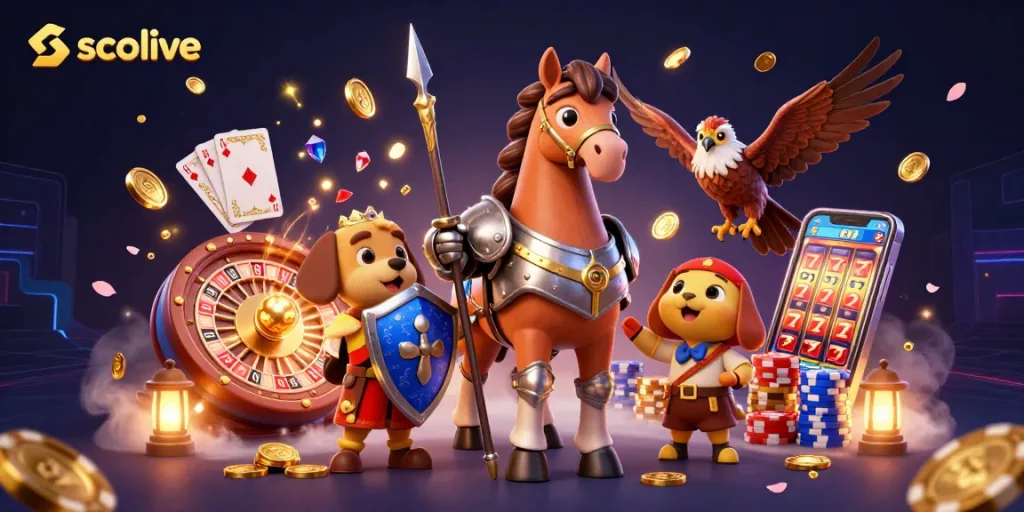 Socolive showcases online gaming excitement with vibrant characters and casino elements.