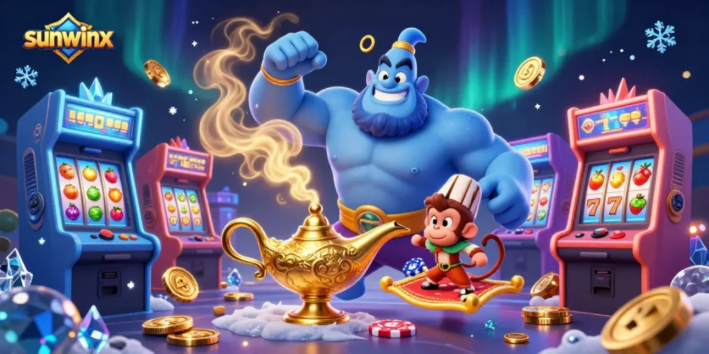 Experience thrilling gaming with the sunwinx genie, flying carpets, and vibrant slot elements.