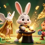 Bet on 8xbet with this vibrant 3D sports betting scene featuring a magician rabbit, dove, and monkey.