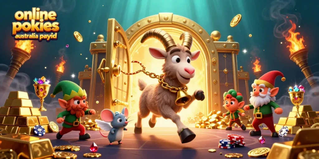 Engage with online pokies Australia PayID in a lively cartoon casino scene filled with mischief and excitement.