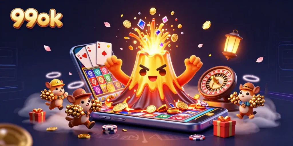Win big at 99ok, where a golden volcano erupts treasure amidst dynamic gaming excitement.
