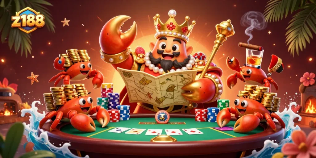 Experience thrilling gameplay at z188 with a cartoon crab emperor surrounded by poker elements.