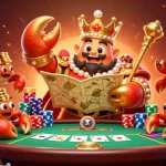 Experience thrilling gameplay at z188 with a cartoon crab emperor surrounded by poker elements.