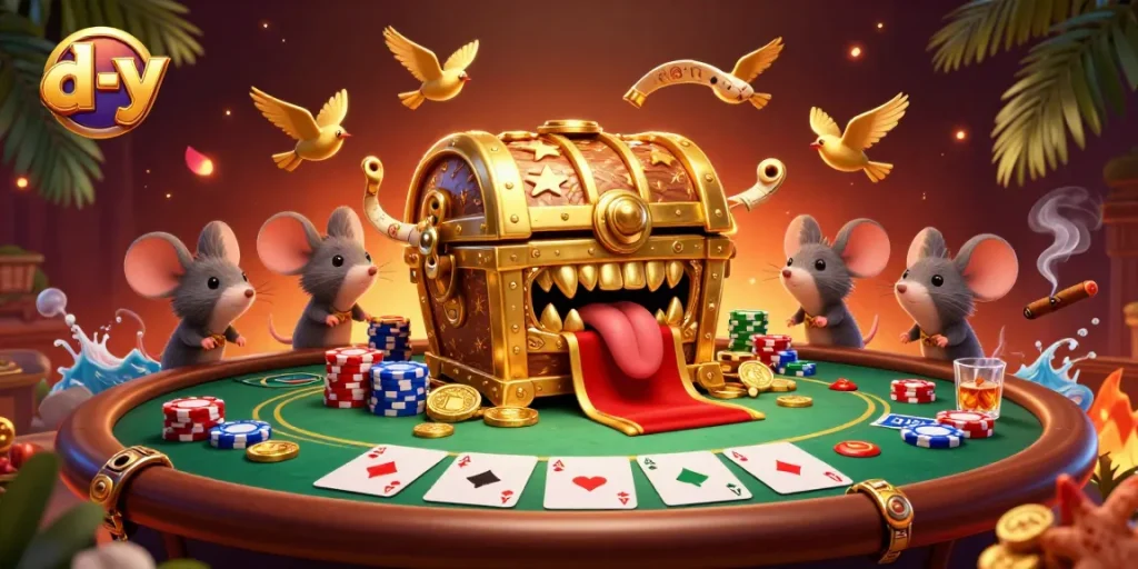 Engage with d-y at a vibrant casino table featuring cartoon treasure and poker elements.