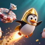 F8bet showcases a thrilling cosmic adventure with a golden penguin and crypto elements.