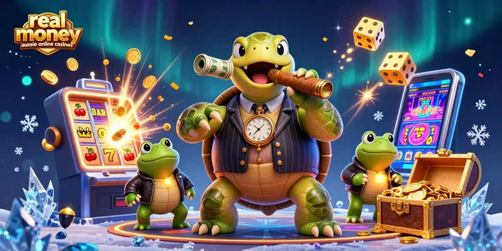 Experience thrilling gaming at real money aussie online casinos with our vibrant illustration.