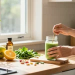 Nasiona Ministry of Cannabis CBD oil and fresh hemp leaves in a bright kitchen wellness scene, promoting natural health benefits.
