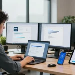 Proactive remote IT support for small business, showcasing a technician advising a client in a modern workspace with dual monitors and professional ambiance.
