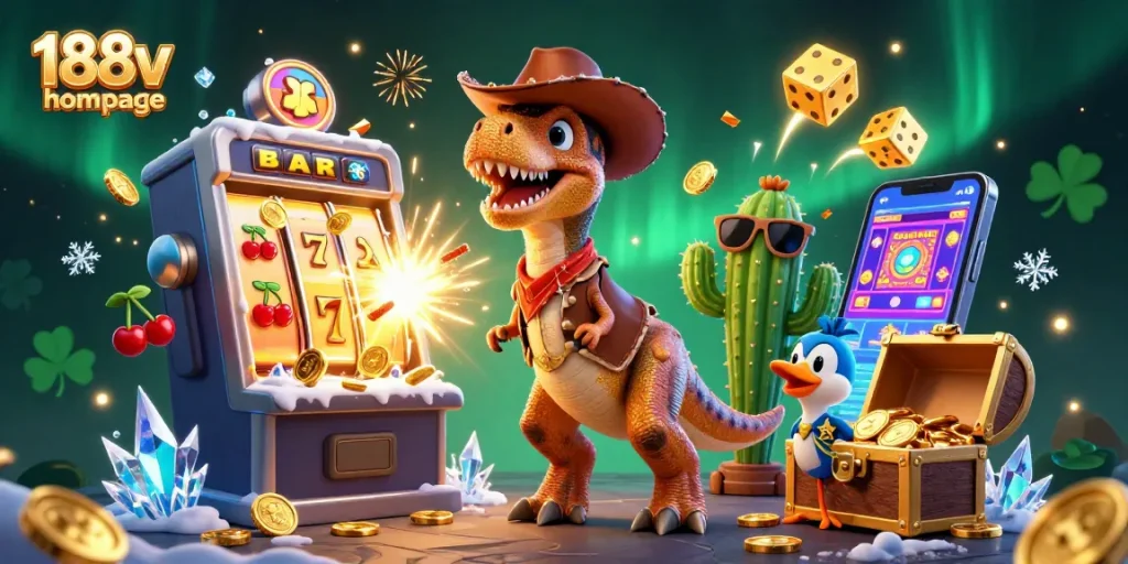 Spin the reels on 188v homepage with a vibrant dinosaur and jackpot explosions.