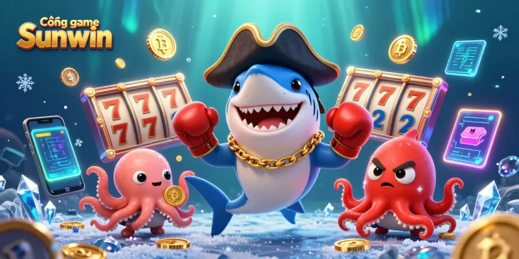 Cổng game Sunwin showcases a vibrant underwater casino scene with animated characters enjoying sweet gaming experiences.
