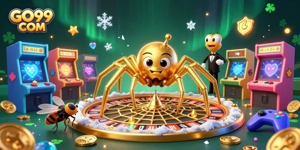 Experience the excitement at GO99 COM with a golden spider and centipede croupier in a vibrant gaming scene.