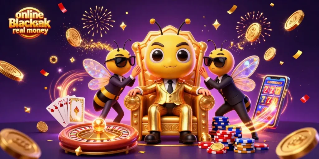 Engage in online blackjack real money with a dynamic casino scene featuring a bumblebee mob boss.