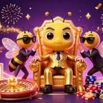 Engage in online blackjack real money with a dynamic casino scene featuring a bumblebee mob boss.