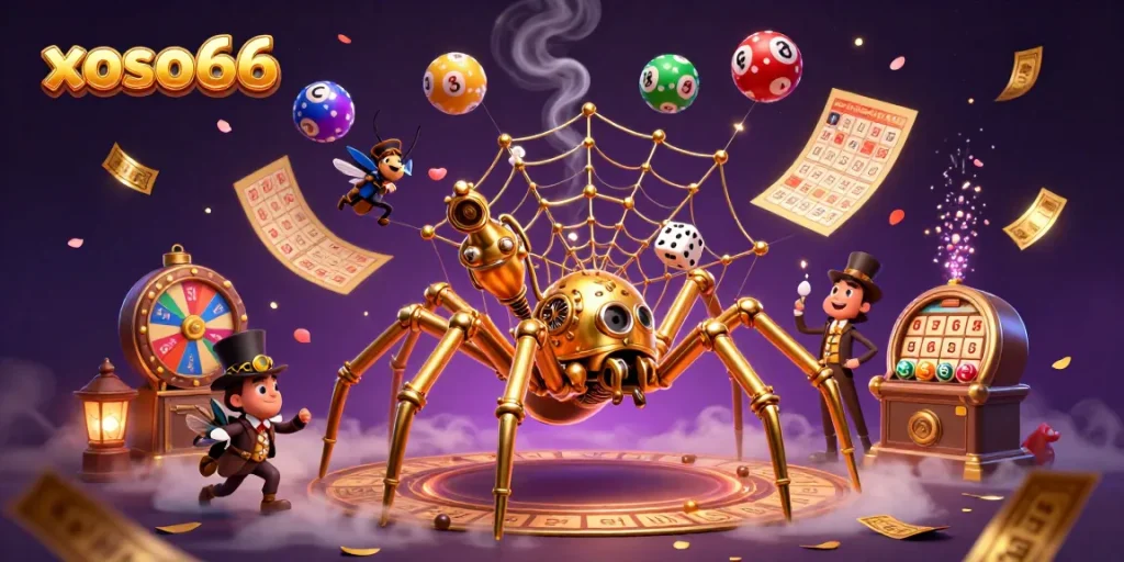 Join the excitement at xoso66 with colorful lottery elements and dynamic gaming interactions in this vibrant 3D illustration.
