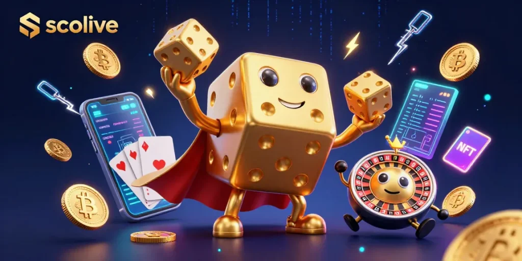 Juggle golden dice with socolive as the vibrant online sports betting experience unfolds in a thrilling illustration.